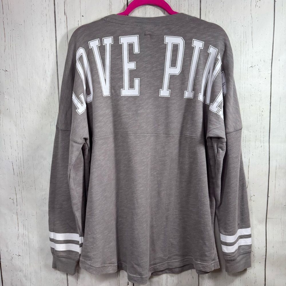 Pink Victorias Secret Love Logo Varsity Grey White Long Sleeve Shirt Casual